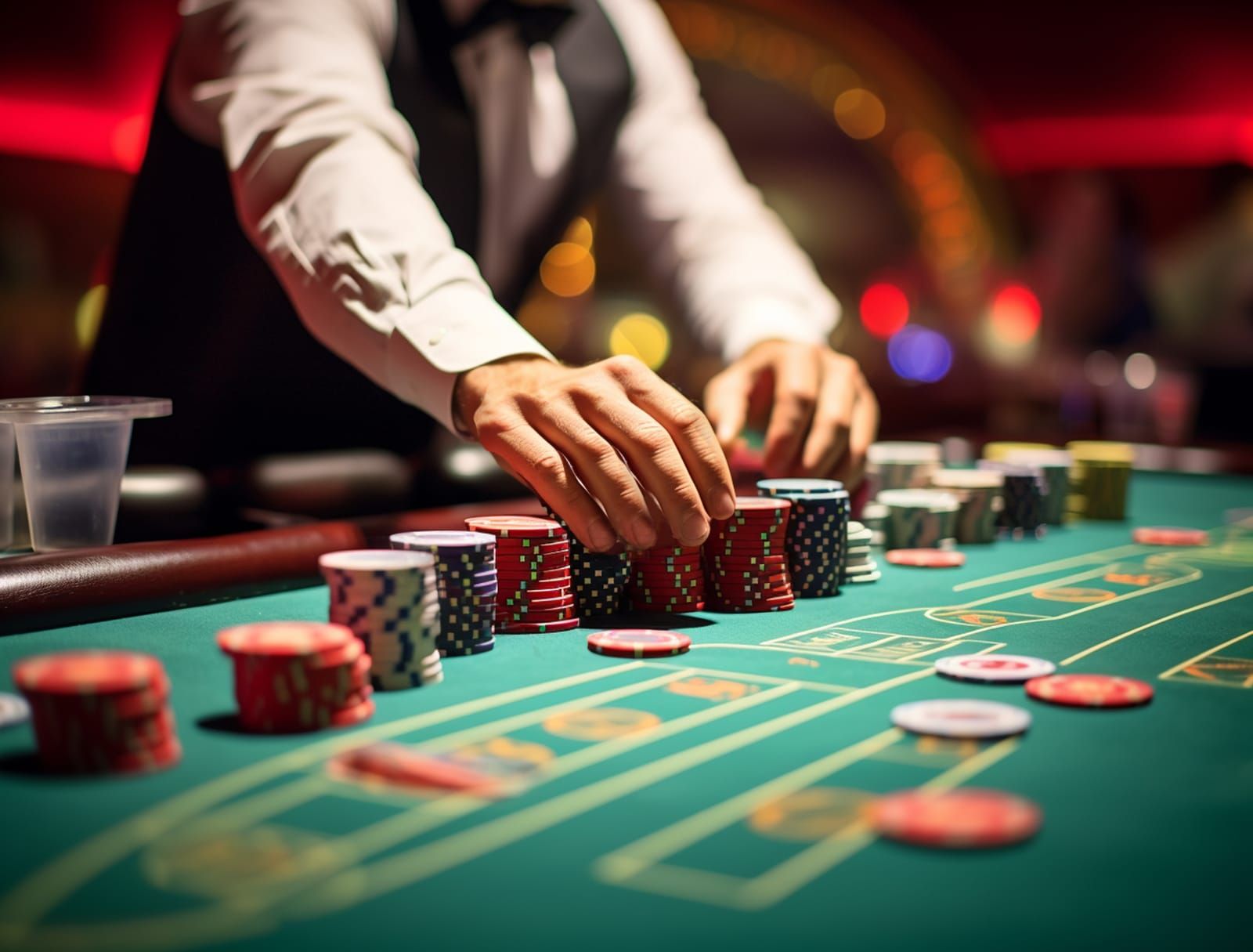 Croupier placerer jetoner på et grønt spillebord